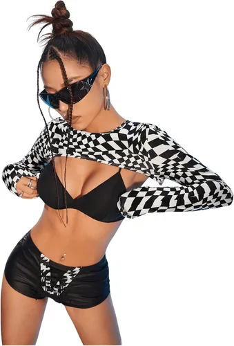Vista 3 de SHENHE Camiseta corta con estampado gráfico de tablero de ajedrez para mujer, cuello redondo, manga larga