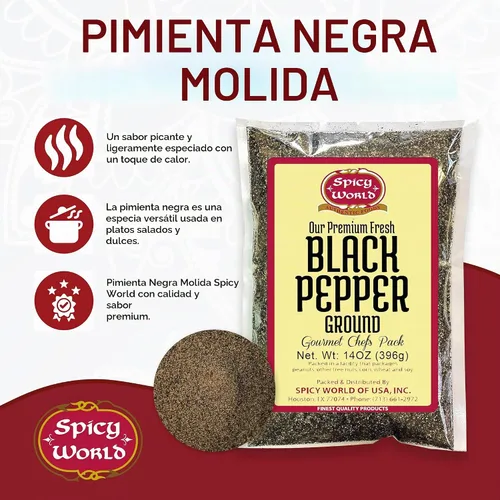 Vista 2 de Polvo de pimienta negra molida bolsa de 14 onzas – Table Grind – by Spicy World