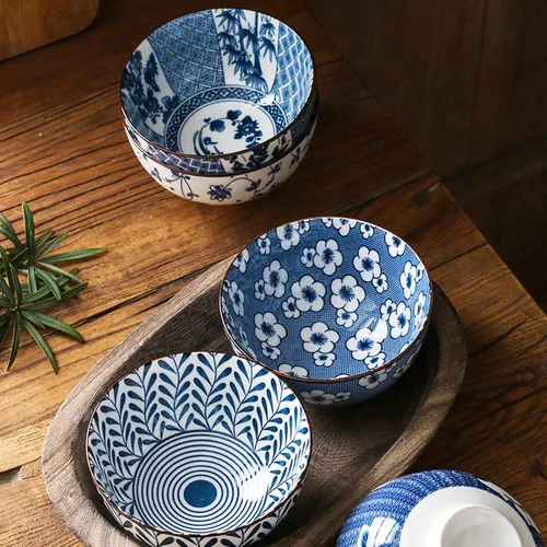 Vista 2 de Gegong Paquete de 6 cuencos de cerámica, cuencos de arroz de estilo japonés, cuencos de porcelana azul y blanca de 10 onzas, cuencos de cereales