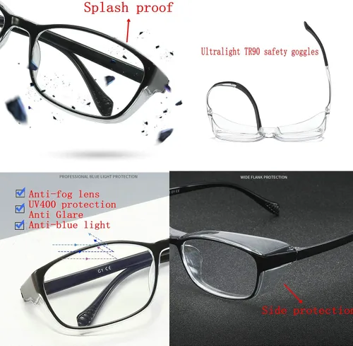 Vista 3 de Gafas de seguridad anti niebla para mujeres y hombres, TR90, lentes de bloqueo de luz azul, transparentes, antiarañazos, protección UV, marco