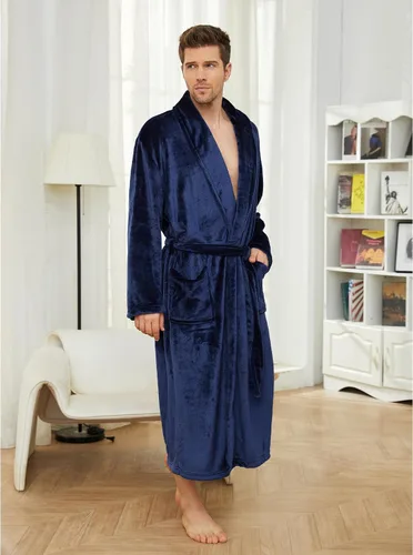 Vista 5 de U2SKIIN Albornoz de forro polar para hombre con cuello de felpa