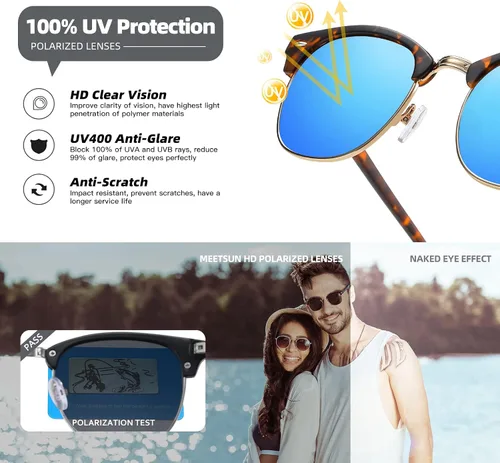 Vista 6 de MEETSUN Retro Semi Rimless Polarized Sunglasses for Men Women Classic Trendy Driving Sun Glasses UV Protection