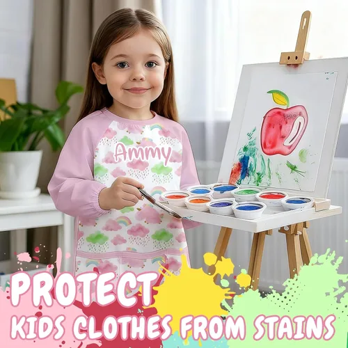 Vista 6 de Delantal de pintura para niños con nombre personalizado para niños, impermeable, manga larga para artista, bata de arte personalizada