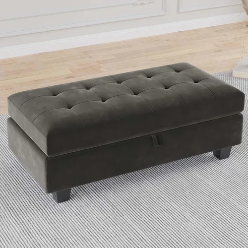 Vista 9 de Belffin Banco otomano rectangular de gran tamaño con almacenamiento, reposapiés tapizado de terciopelo para sala de estar y dormitorio (negro)