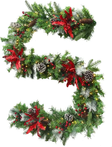 Vista 10 de Guirnalda de Navidad preiluminada de 9 pies con luces, guirnalda de Navidad para mesa, chimenea, escalera, manto de pared, decoración de interiores