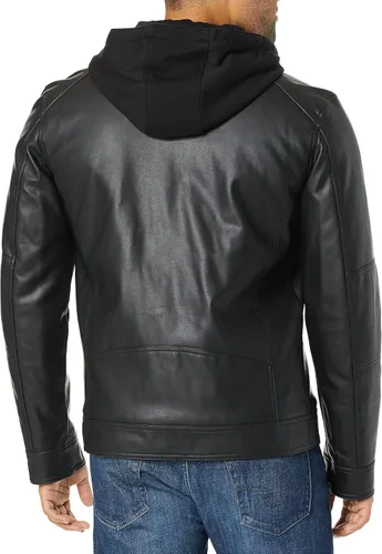 Vista 2 de GUESS Chaqueta de moto con capucha de piel sintética para hombre