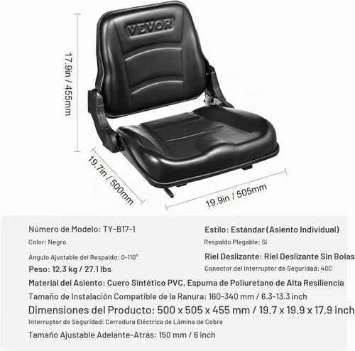 Vista 7 de VEVOR Asiento universal de carretilla elevadora, asiento de tractor plegable con respaldo de ángulo ajustable y micro interruptor, 6.3-13.4