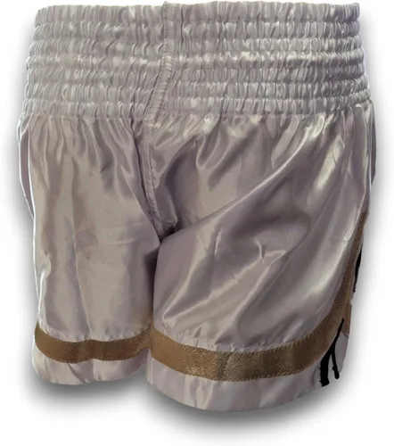 Vista 7 de MMA Boxeo Muay Thai Shorts en satén blanco negro oro corte letras