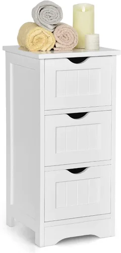 Vista 11 de COSTWAY Gabinete de almacenamiento para baño, gabinete de almacenamiento delgado que ahorra espacio con 3 cajones, gabinete de piso estrecho
