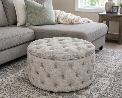 Vista 10 de Homebeez Otomana de Almacenamiento Redonda de Terciopelo de 28 Pulgadas, Taburete Reposapiés con Capitoné de Botones Mesa de Centro para Sala