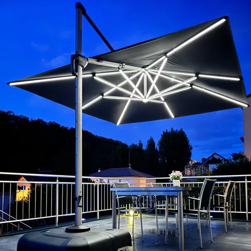 Vista 56 de PURPLE LEAF Sombrilla de patio de 9 x 12 pies con luces, sombrilla rectangular voladiza para exteriores, funciona con energía solar, LED