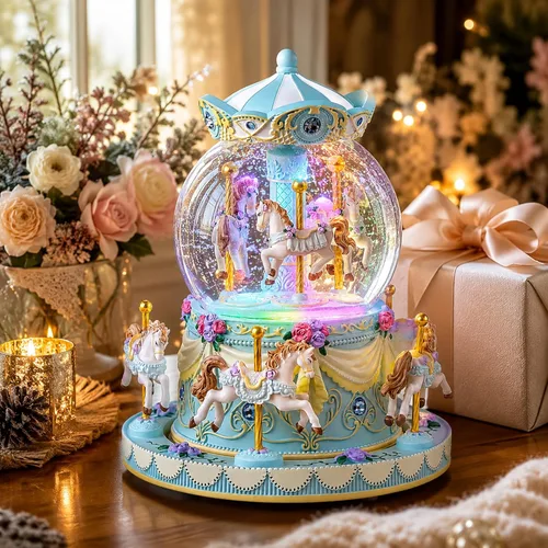 Vista 10 de Caja de música de carrusel, globo de nieve de caballo, cajas musicales pintadas a mano, luz de color, regalo para niñas, mujeres, niños, hermana