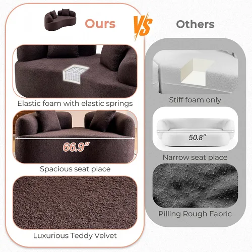 Vista 6 de Sofá biplaza curvado moderno de 67 pulgadas, sofá tapizado de terciopelo de peluche, cómodo sofá comprimido con 2 almohadas para espacios pequeños