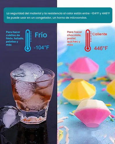 Vista 5 de Moldes para cubitos de hielo con forma de diamantes, moldes de silicona transparentes con forma de diamante grande, 2 pulgadas, forma de diamante