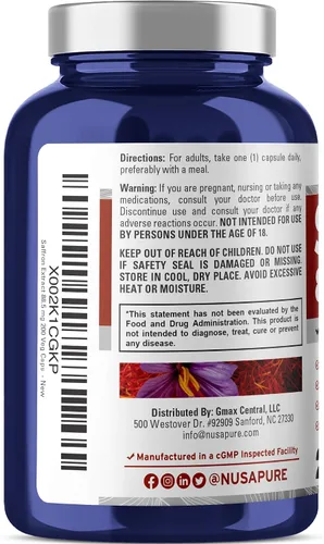 Vista 3 de Extracto de azafrán 88.5mg 200 cápsulas vegetales (vegetariano, sin OMG, sin gluten)