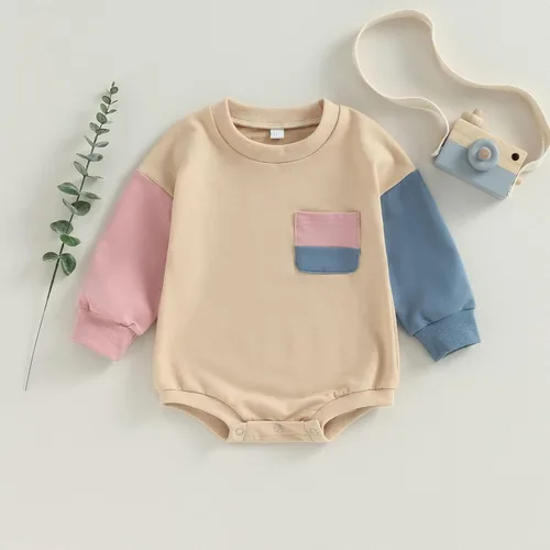 Vista 4 de AEEMCEM Sudadera de bloque de color para bebé niño y niña, mameluco de gran tamaño, suéter de burbujas de manga larga, con bolsillo