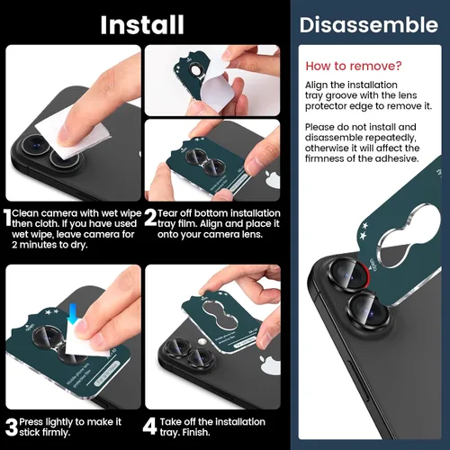 Vista 7 de Tensea Protector de Lente de Cámara para iPhone 16 / iPhone 16 Plus, Protector de Cubierta de Cámara de Vidrio Templado 9H, HD Transparente, Anillo