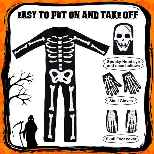 Vista 2 de Hoosige Disfraz de esqueleto de Halloween para niños, overol de esqueleto que brilla en la oscuridad, overol para niños, overol de cosplay, fiesta