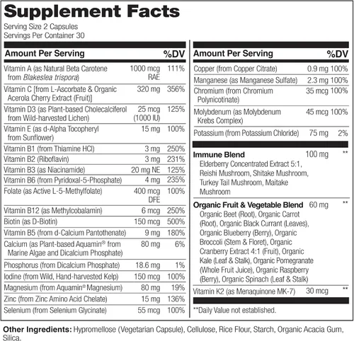 Vista 3 de NATURELO Multivitamínico de Alimentos Integrales + Mezcla Inmunológica con Saúco y Hongos - Multivitamínico Completo con Apoyo Inmunológico Extra