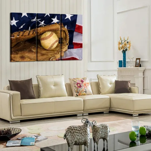 Vista 3 de KREATIVE ARTS - 3 impresiones en lienzo grandes para pared, póster de béisbol y bandera estadounidense, imagen deportiva impresa en lienzo, estirada