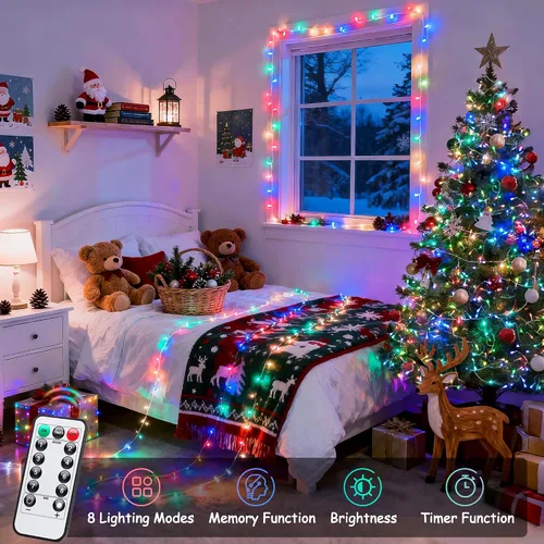 Vista 5 de JMEXSUSS Luces de Navidad multicolor que funcionan con pilas con 8 modos de control remoto, impermeables, 33 pies, 100 luces LED de Navidad