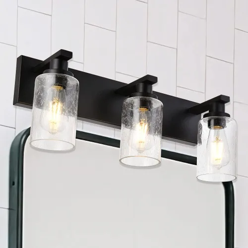 Vista 2 de Luces de tocador de baño de 3 luces sobre espejo en acabado negro, iluminación de pared de baño con vidrio cilíndrico sembrado