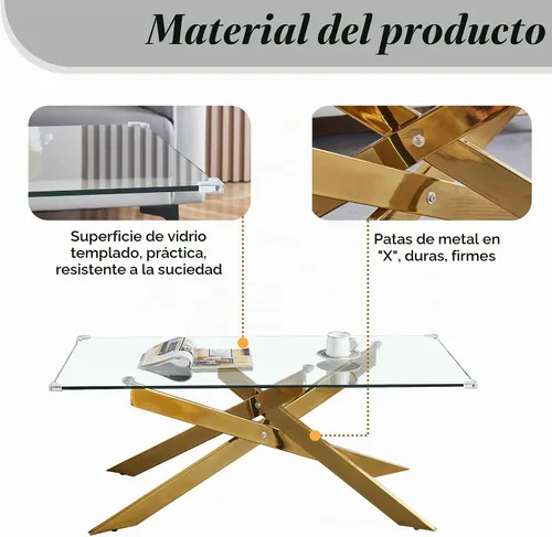 Vista 6 de Mesa de centro de cristal de 47 pulgadas, moderna tapa rectangular de vidrio templado con patas de metal con cruz dorada, mesa central de espacio