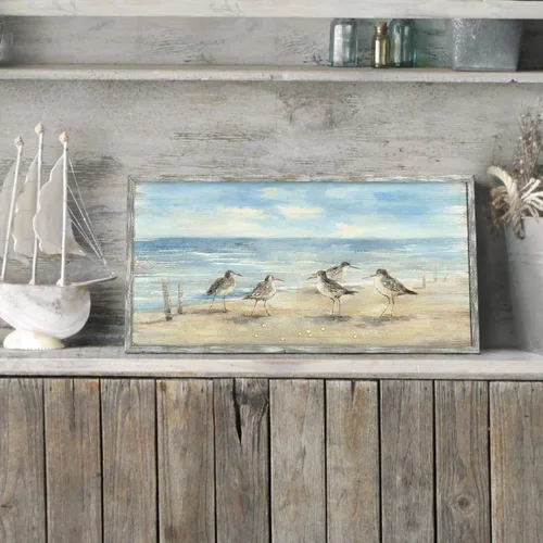Vista 4 de Pintura enmarcada de playa para decoración de pared: arte abstracto de la pared del océano, pintura al óleo costera, gaviotas, imagen impresa