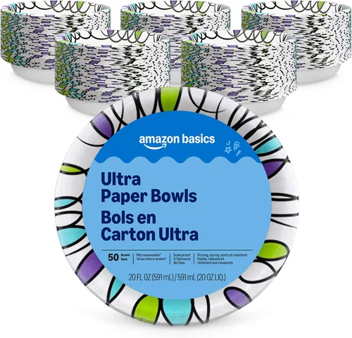 Vista 11 de Amazon Basics - Cuencos de papel ultra desechables, 20 onzas, aptos para microondas, a prueba de remojo, fuertes y resistentes, color blanco, 50