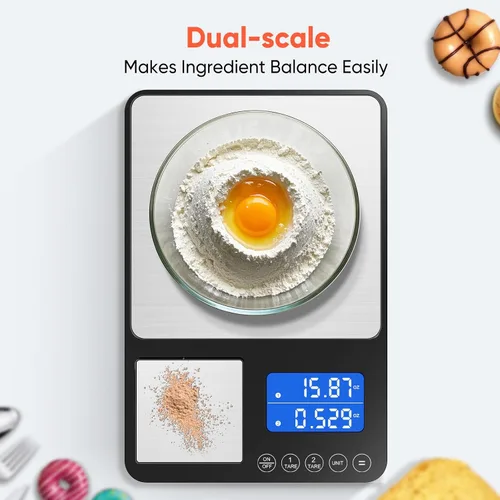 Vista 2 de Báscula de cocina de doble plataforma de 0.001 onzas / 33 libras, báscula digital de alimentos con dos superficies de precisión, pantalla LCD, 7