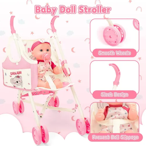 Vista 2 de deAO Juguetes de Cochecito de Muñeca Bebé con Muñeca Bebé de 12" Accesorios Cama de Cuna Silla Alta Conjunto de Juego de Roles de Guardería Tapete