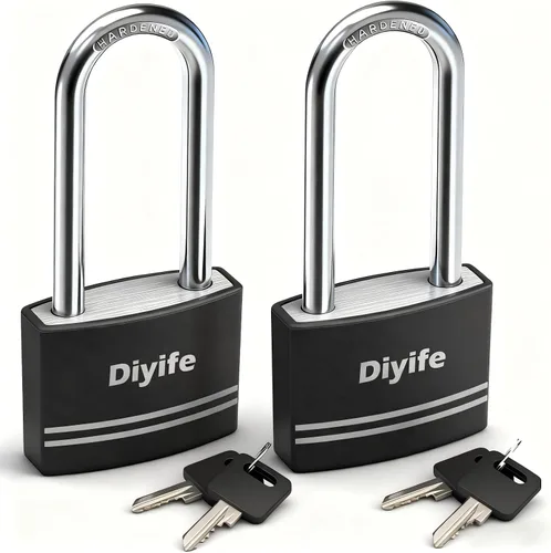 Vista 8 de Diyife [Versión mejorada] Candado de aluminio con llave - Candado de grillete largo impermeable con 2 llaves para escuela, casillero de gimnasio