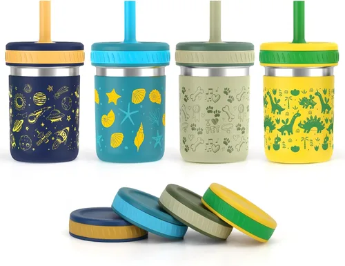 Vista 10 de Sursip Vasos para niños pequeños con tapas y pajitas, vaso de acero inoxidable a prueba de derrames, para beber, batidos, aperitivos, leche sin BPA