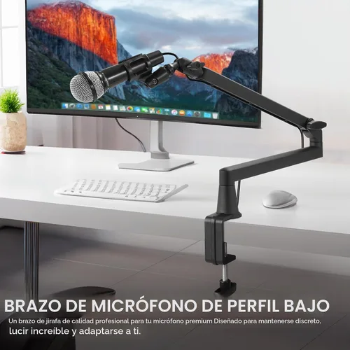 Vista 6 de Brazo de micrófono de perfil bajo de 5.9 in elevador extra, brazo de micrófono ajustable, soporte de micrófono montado en escritorio de metal