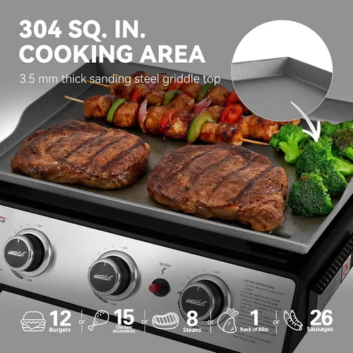 Vista 6 de Royal Gourmet PD1301S - Plancha de gas portátil de 3 quemadores, 25,500 BTU de potencia de cocción, 304 pulgadas cuadradas, superficie de cocción