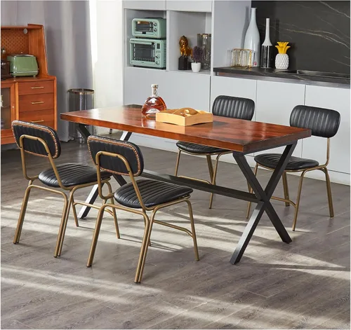 Vista 15 de Juego de 2 sillas de comedor modernas de mediados de siglo, sillas retro con asiento/respaldos tapizados de piel sintética y patas de metal Negro