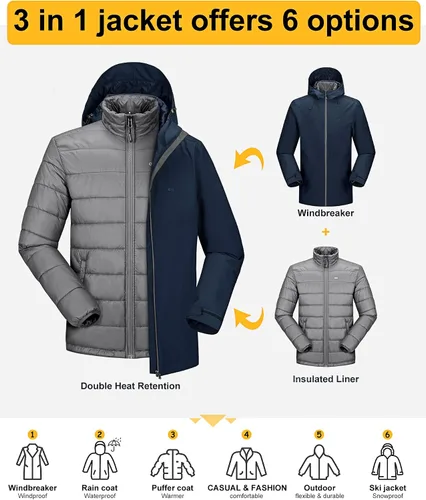 Vista 9 de 33,000ft Chaqueta de esquí impermeable 3 en 1 para hombre, chaqueta de esquí cálida de montaña, chaqueta de lluvia para nieve, abrigo de invierno