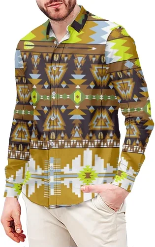 Vista 18 de Camisas aztecas grandes y altas para hombre, diseño étnico azteca tribal del suroeste, camiseta delgada de manga larga con botones