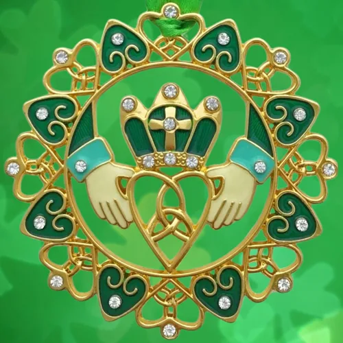 Vista 6 de Adornos de Navidad irlandeses – Diseño Claddagh dorado con joyas y esmalte – Caja de regalo con poema irlandés – Bolsa de almacenamiento de regalo