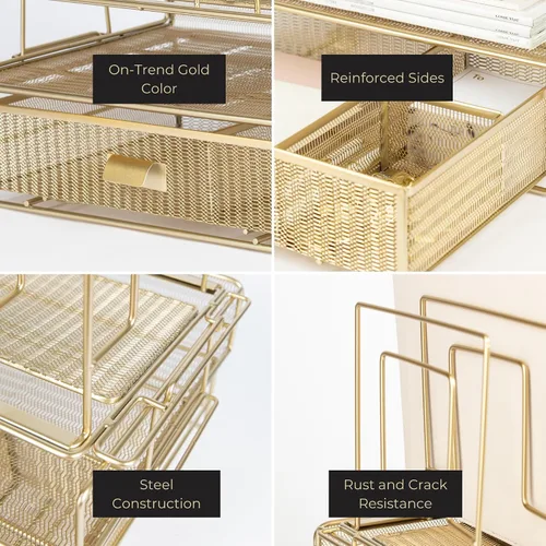 Vista 5 de BLU MONACO Juego de organizador de escritorio dorado con organizador de archivos desmontable, bandeja de papel apilable y cajón de almacenamiento