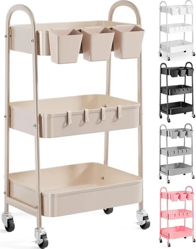 Vista 14 de Carrito rodante de 3 niveles de metal gris, carrito de almacenamiento de malla con asa y ruedas con cerradura, carritos organizadores