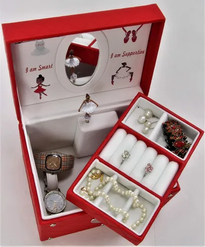 Vista 2 de Girly Girl Princess Ballerina - Belleza afroamericana - Caja de joyería musical rojoblanco