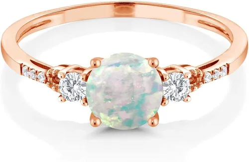 Vista 2 de Gem Stone King Anillo de compromiso de zafiro blanco con ópalo blanco de imitación de cabujón de oro rosa de 10 quilates para mujer