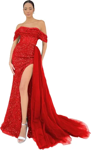 Vista 5 de Vestidos de graduación de sirena con lentejuelas y abertura 2023 con hombros descubiertos, vestidos de noche formales de tul para mujer