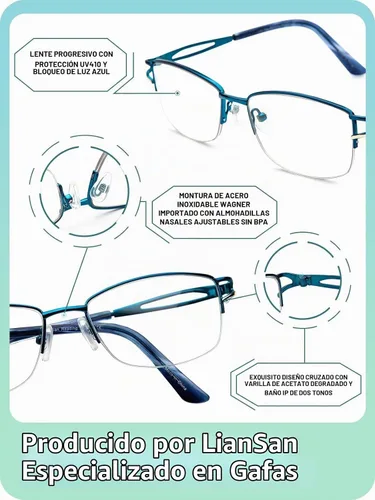 Vista 6 de LianSan Metal Zero Top - Gafas de lectura progresivas multienfoque para mujeres, con bloqueo de luz azul de medio borde, parte superior