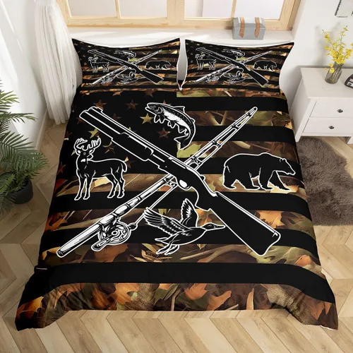 Vista 39 de Funda de edredón de cabaña marrón retro, juego de ropa de cama de retazos con diseño de oso del bosque, ciervos para cabaña rústica, funda de Multi