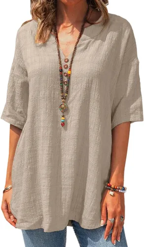 Vista 2 de Fangetey Camisa de manga corta para mujer, casual, cuello en V, de algodón, lino, holgada, para verano