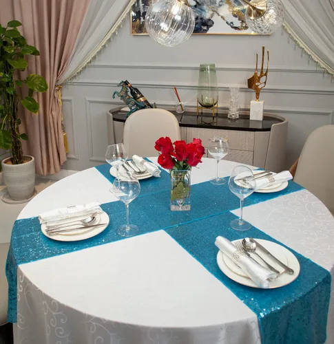 Vista 5 de Camino de mesa con lentejuelas turquesas, 12 x 108 pulgadas con brillantina, regalo para empaquetado de mesa para fiesta, boda, despedida