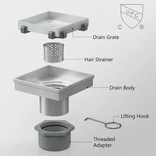 Vista 3 de Sharpeye - Drenaje cuadrado de 4 pulgadas con rejilla extraíble de inserción de baldosas, drenaje de piso cuadrado para ducha de acero inoxidable