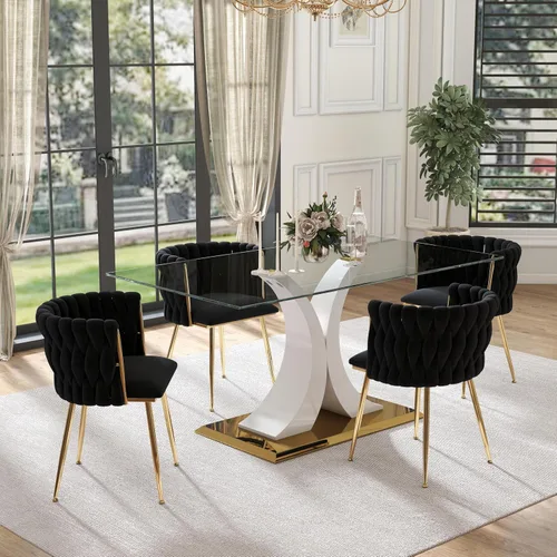 Vista 16 de Juego de comedor moderno de vidrio de lujo de 5 piezas, juego de cena rectangular minimalista grande para 4, juego de mesa de cocina de vidrio